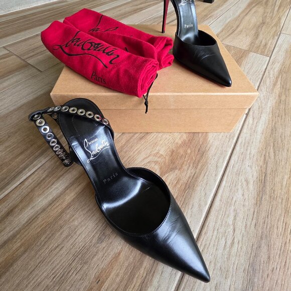 Christian Louboutin Pumpaclou 100 Black Leather Ankle Strap Pumps Eur. 38.5 - Picture 2 of 12